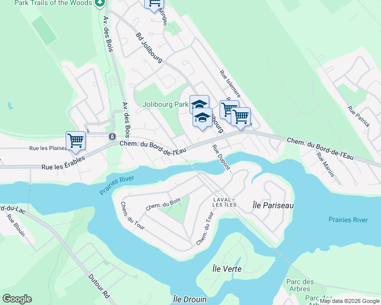 map of restaurants, bars, coffee shops, grocery stores, and more near 1320 Chemin du Bord-de-l'Eau in Laval