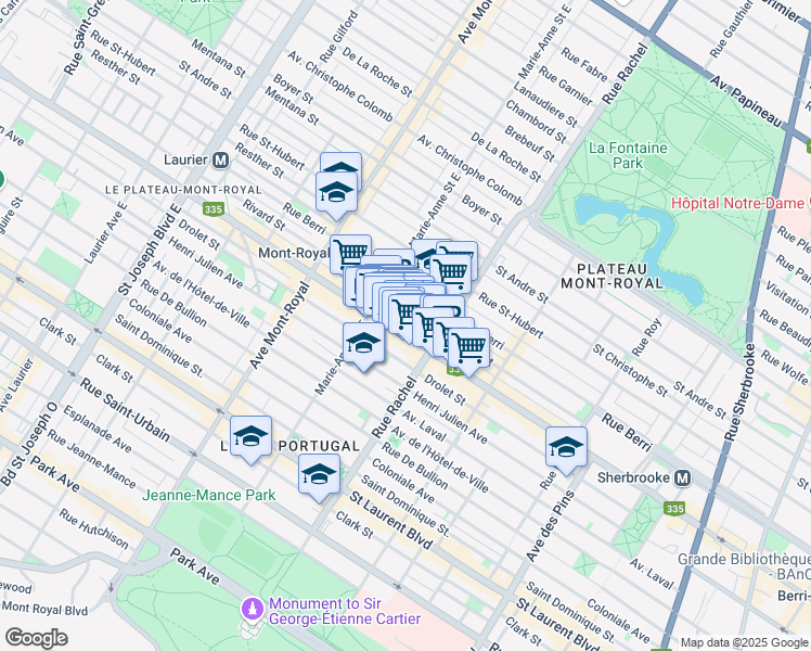 map of restaurants, bars, coffee shops, grocery stores, and more near in Montreal