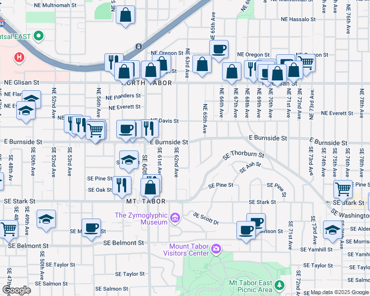 map of restaurants, bars, coffee shops, grocery stores, and more near 17 Southeast 63rd Avenue in Portland
