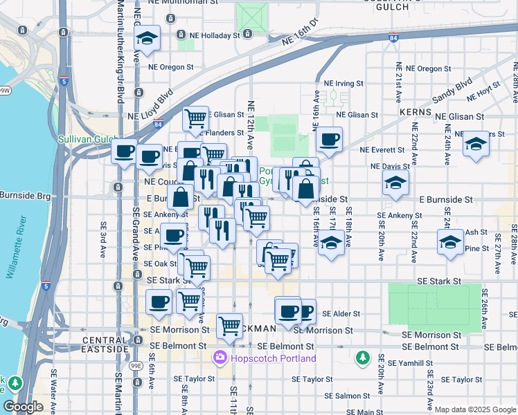 map of restaurants, bars, coffee shops, grocery stores, and more near 100-114 Southeast 12th Avenue in Portland