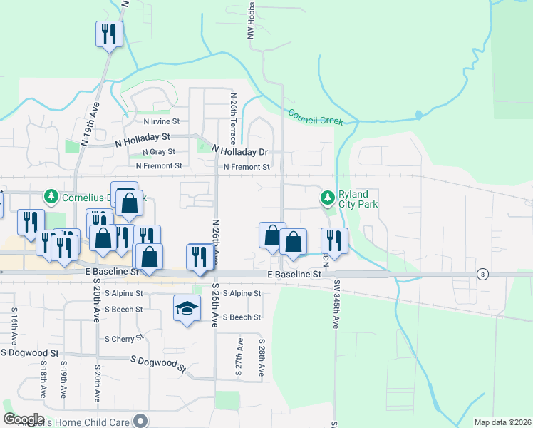 map of restaurants, bars, coffee shops, grocery stores, and more near 2724 North Barlow Court in Cornelius