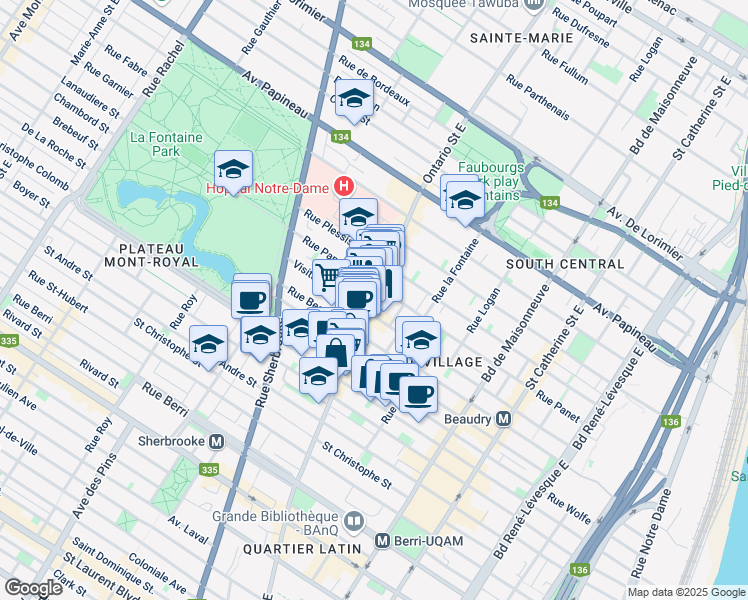 map of restaurants, bars, coffee shops, grocery stores, and more near 1318 Rue Ontario Est in Montréal