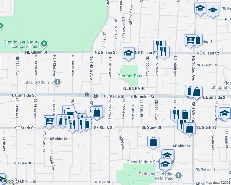 map of restaurants, bars, coffee shops, grocery stores, and more near 15141 East Burnside Street in Portland