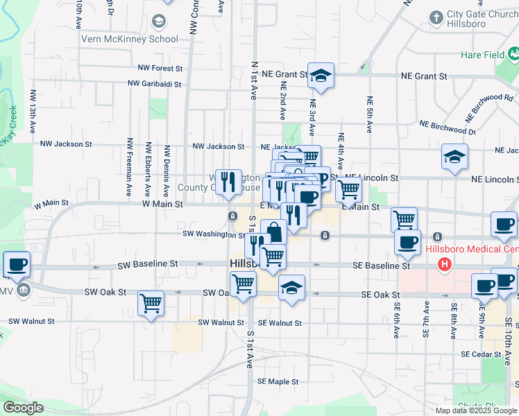map of restaurants, bars, coffee shops, grocery stores, and more near 102 East Main Street in Hillsboro
