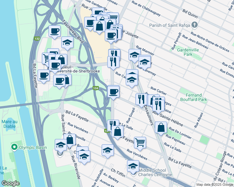 map of restaurants, bars, coffee shops, grocery stores, and more near 1168 Rue Saint-Laurent Ouest in Longueuil