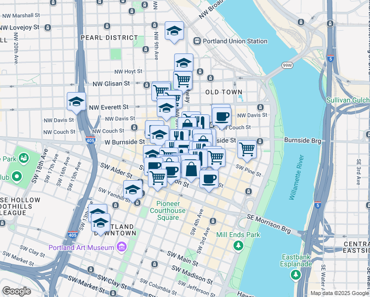map of restaurants, bars, coffee shops, grocery stores, and more near 214 Southwest Broadway in Portland