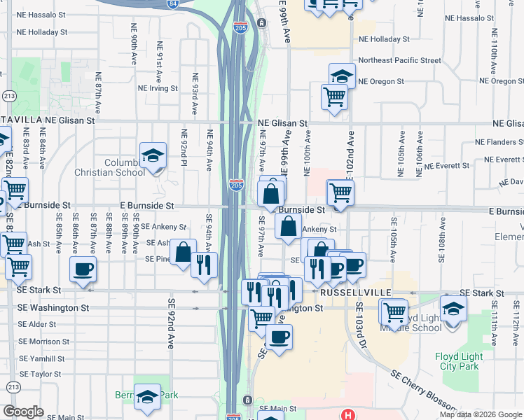 map of restaurants, bars, coffee shops, grocery stores, and more near 8 Southeast 97th Avenue in Portland