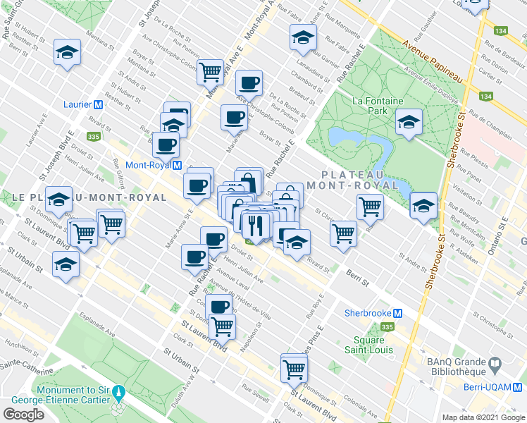 map of restaurants, bars, coffee shops, grocery stores, and more near 4153 Rue Berri in Montréal