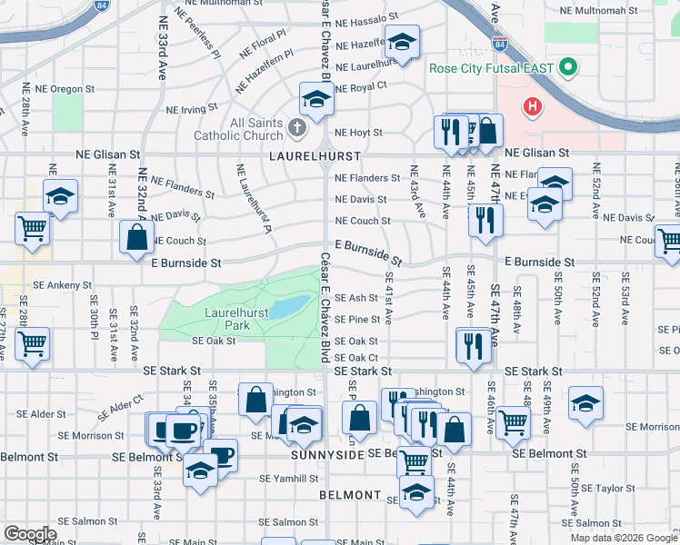 map of restaurants, bars, coffee shops, grocery stores, and more near 3926 Southeast Ankeny Street in Portland