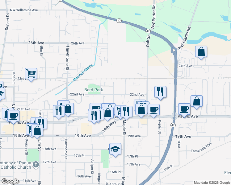 map of restaurants, bars, coffee shops, grocery stores, and more near 2130 Laurel Street in Forest Grove