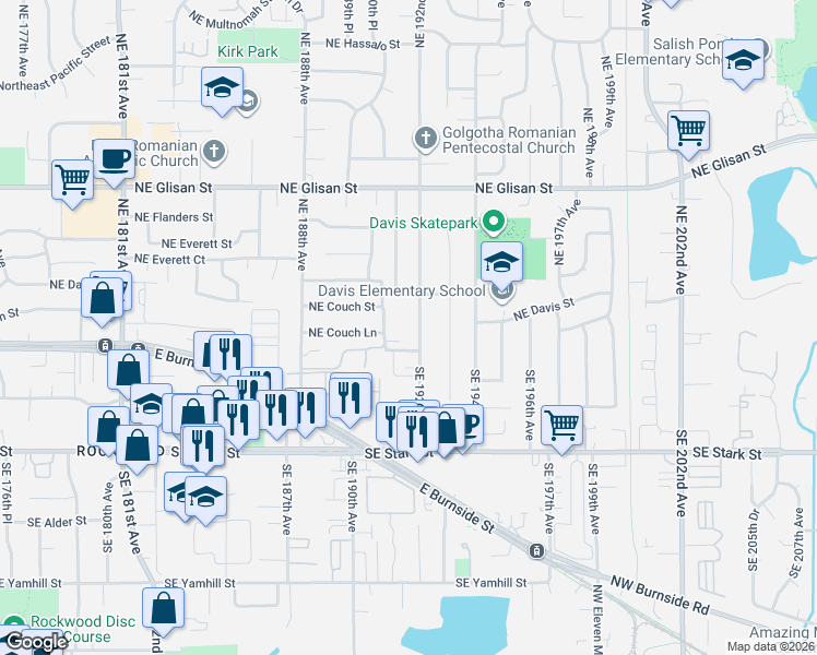 map of restaurants, bars, coffee shops, grocery stores, and more near 19 Southeast 192nd Avenue in Portland