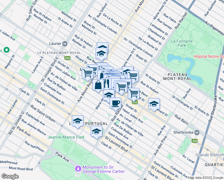 map of restaurants, bars, coffee shops, grocery stores, and more near 4332 Rue Saint-Denis in Montréal