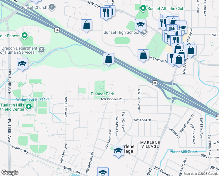 map of restaurants, bars, coffee shops, grocery stores, and more near 14470 Northwest Pioneer Park Way in Beaverton