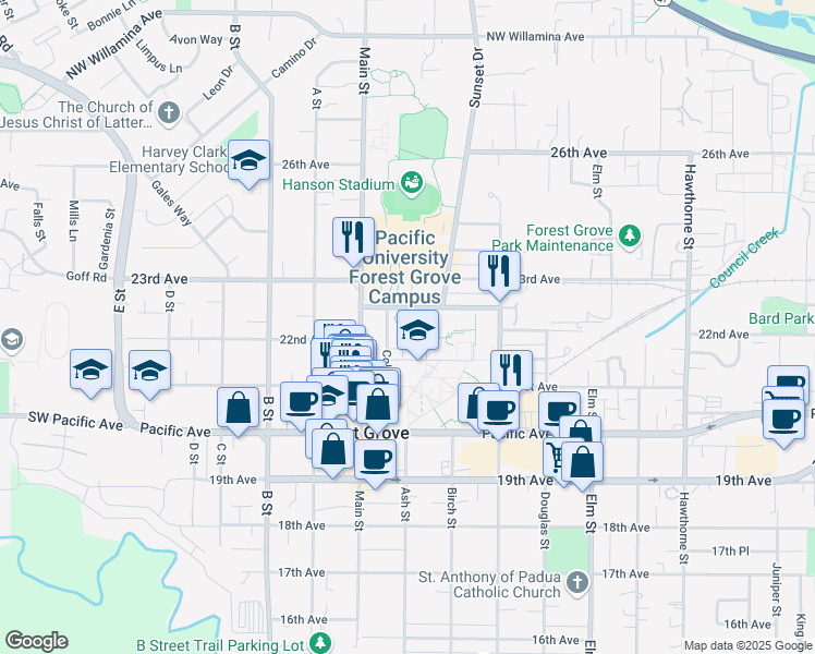 map of restaurants, bars, coffee shops, grocery stores, and more near 2028 Pacific Avenue in Forest Grove