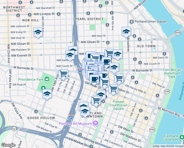 map of restaurants, bars, coffee shops, grocery stores, and more near 414 Southwest 13th Avenue in Portland