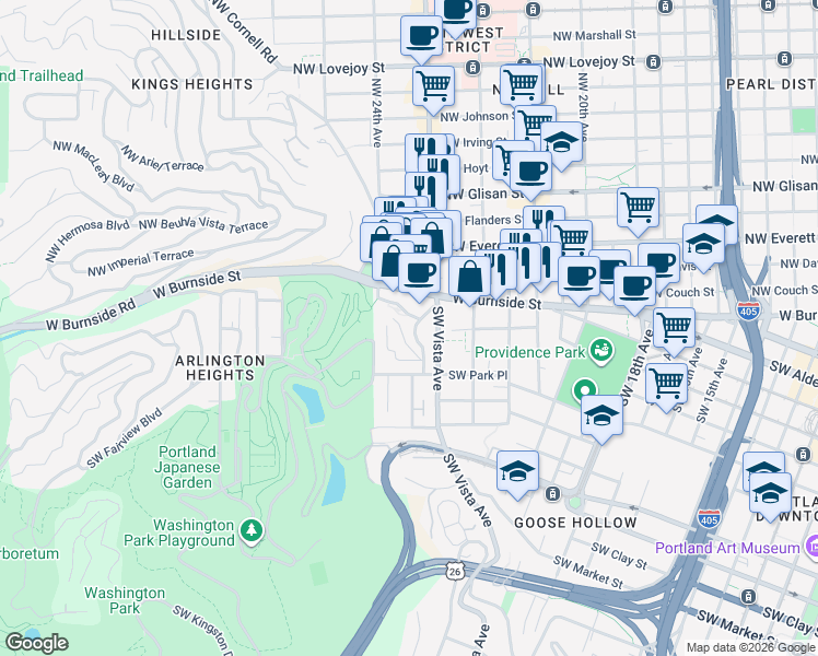 map of restaurants, bars, coffee shops, grocery stores, and more near 821 Southwest Green Avenue in Portland