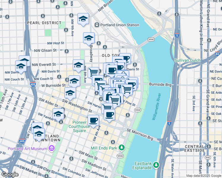 map of restaurants, bars, coffee shops, grocery stores, and more near Southwest Ankeny Street in Portland