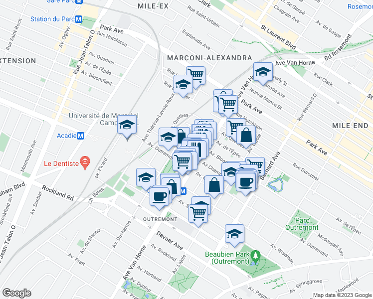 map of restaurants, bars, coffee shops, grocery stores, and more near 873 Avenue Champagneur in Montréal