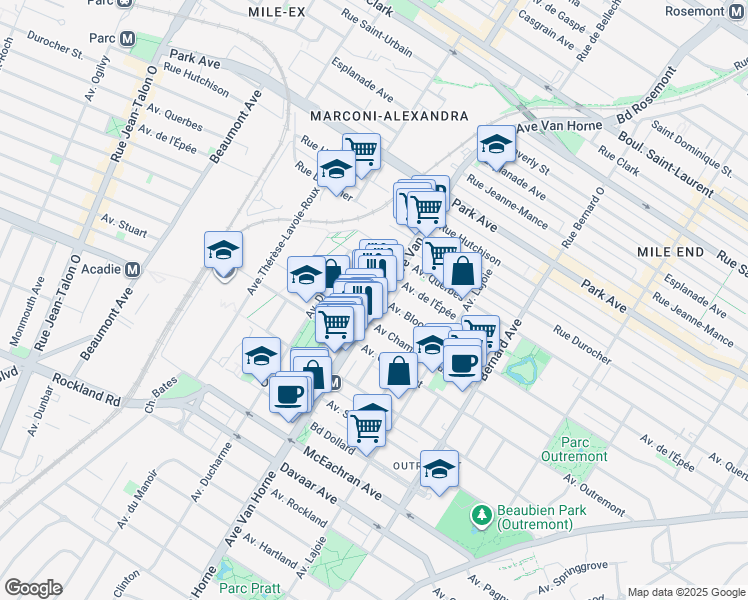 map of restaurants, bars, coffee shops, grocery stores, and more near 1201 Avenue Van Horne in Montréal