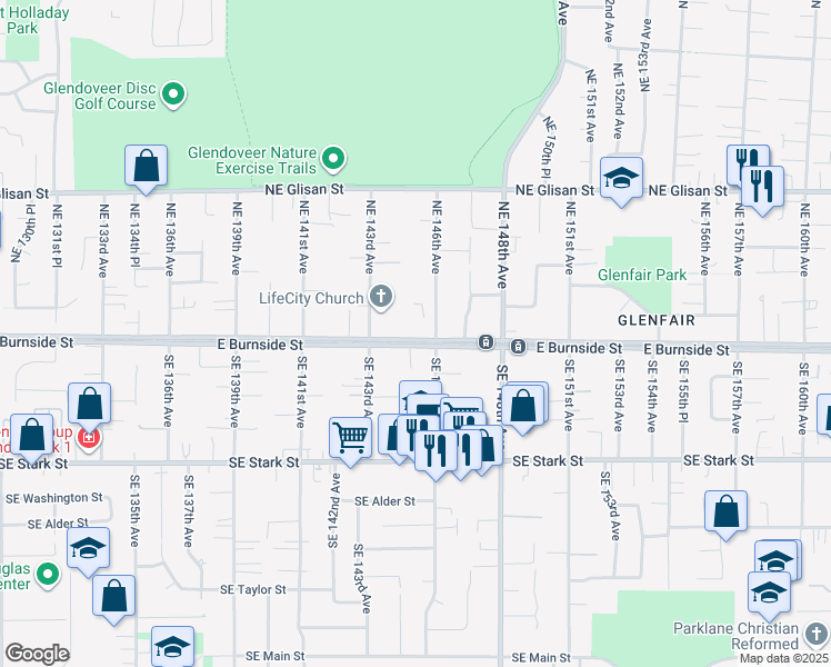 map of restaurants, bars, coffee shops, grocery stores, and more near 14455 East Burnside Street in Portland