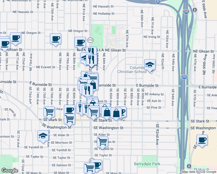 map of restaurants, bars, coffee shops, grocery stores, and more near 8428 East Burnside Street in Portland