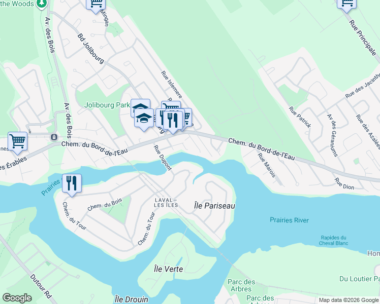 map of restaurants, bars, coffee shops, grocery stores, and more near 1244 Terrasse Dupont in Laval