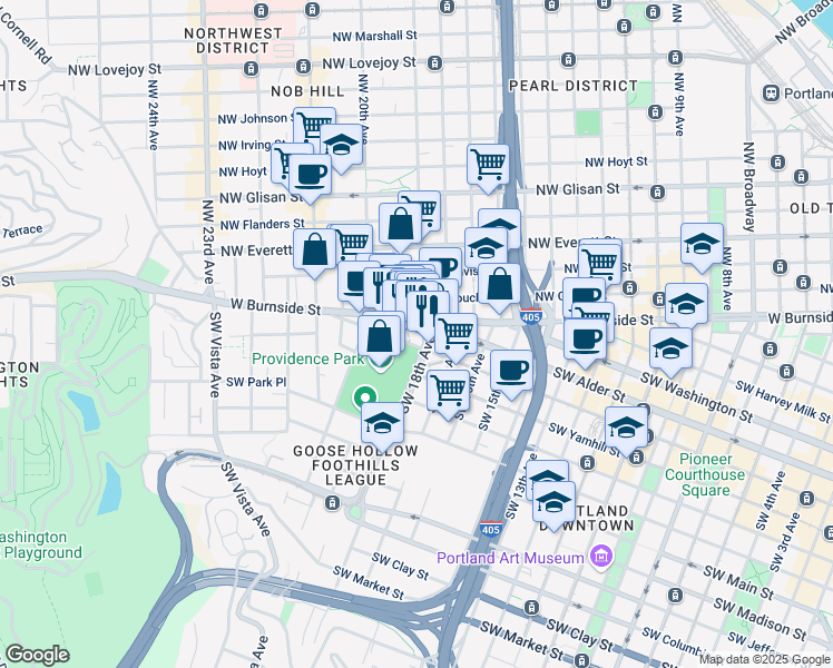 map of restaurants, bars, coffee shops, grocery stores, and more near 1844 Southwest Morrison Street in Portland