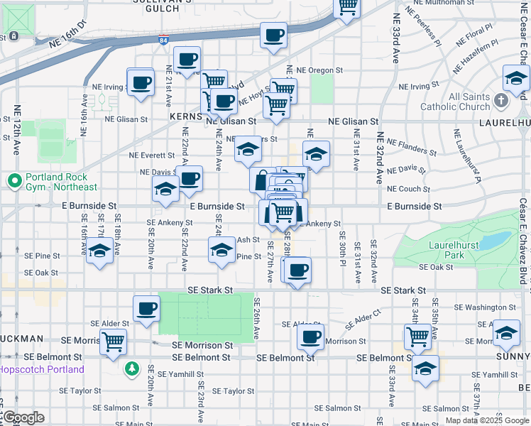 map of restaurants, bars, coffee shops, grocery stores, and more near 2640 Southeast Ankeny Street in Portland