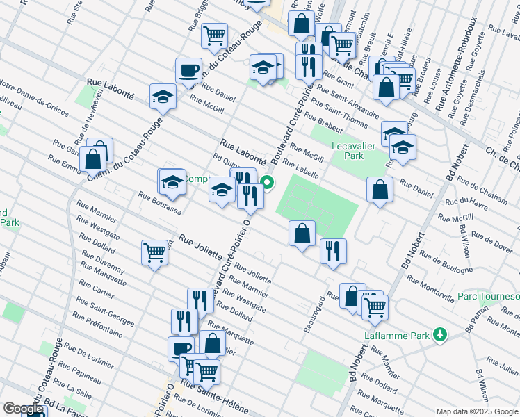 map of restaurants, bars, coffee shops, grocery stores, and more near in Longueuil