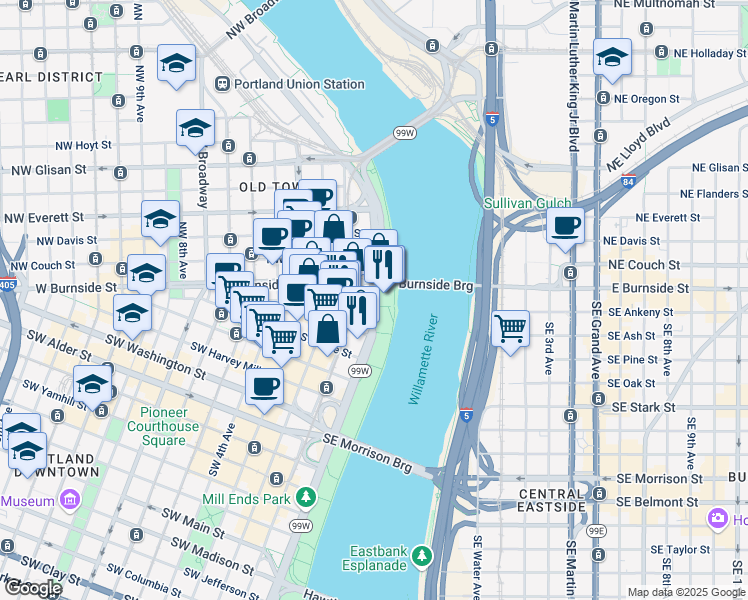 map of restaurants, bars, coffee shops, grocery stores, and more near 43 Southwest Naito Parkway in Portland