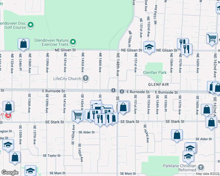 map of restaurants, bars, coffee shops, grocery stores, and more near 14630 East Burnside Street in Portland