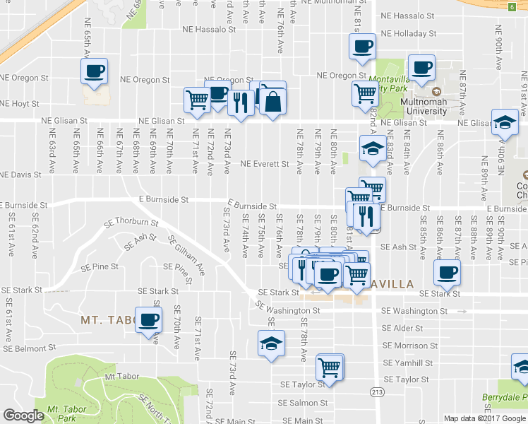 map of restaurants, bars, coffee shops, grocery stores, and more near 53 Southeast 75th Avenue in Portland