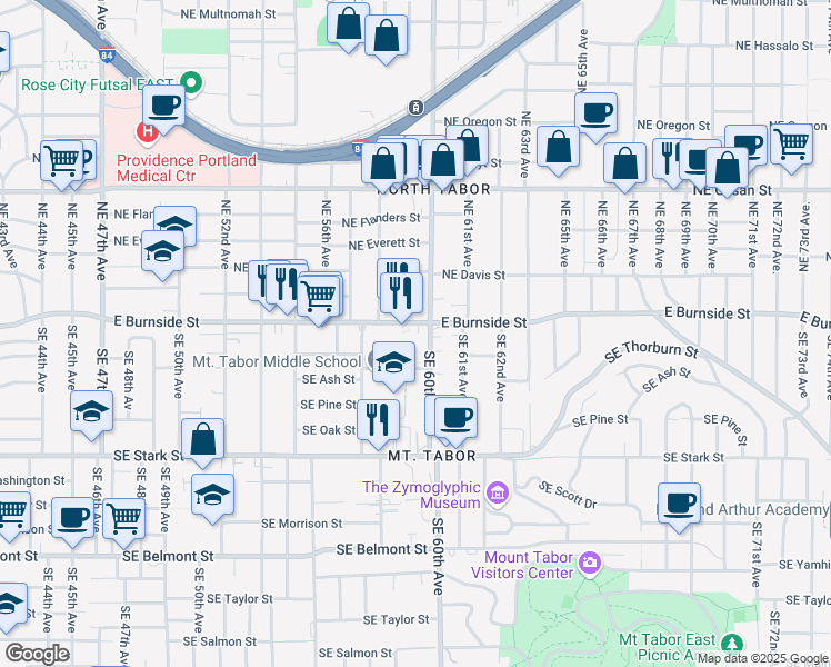 map of restaurants, bars, coffee shops, grocery stores, and more near 51 Southeast 60th Avenue in Portland