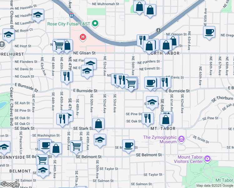 map of restaurants, bars, coffee shops, grocery stores, and more near 52 Southeast 53rd Avenue in Portland