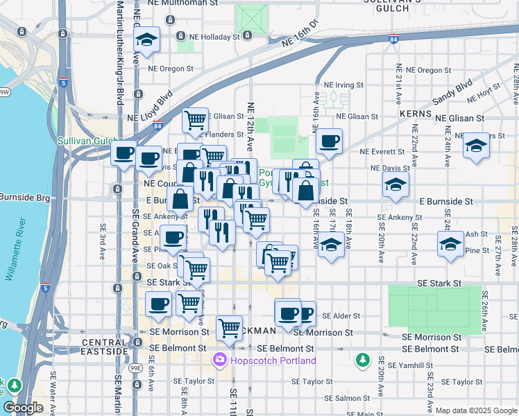 map of restaurants, bars, coffee shops, grocery stores, and more near in Portland