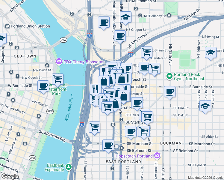 map of restaurants, bars, coffee shops, grocery stores, and more near 6 Southeast 3rd Avenue in Portland