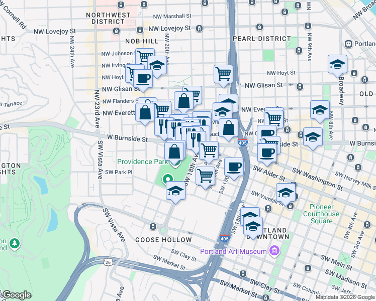 map of restaurants, bars, coffee shops, grocery stores, and more near 1844 Southwest Morrison Street in Portland