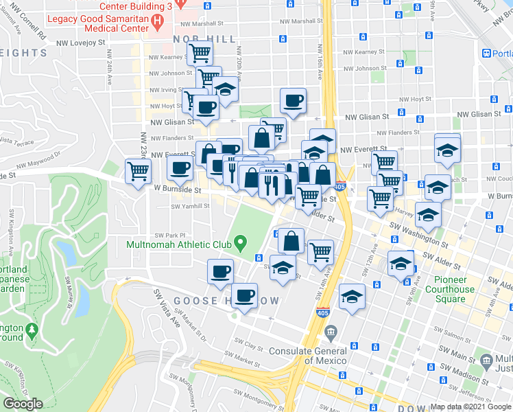 map of restaurants, bars, coffee shops, grocery stores, and more near 1844 Southwest Morrison Street in Portland