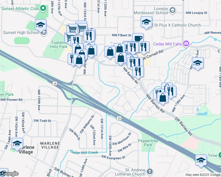 map of restaurants, bars, coffee shops, grocery stores, and more near 12612 Northwest Barnes Road in Portland