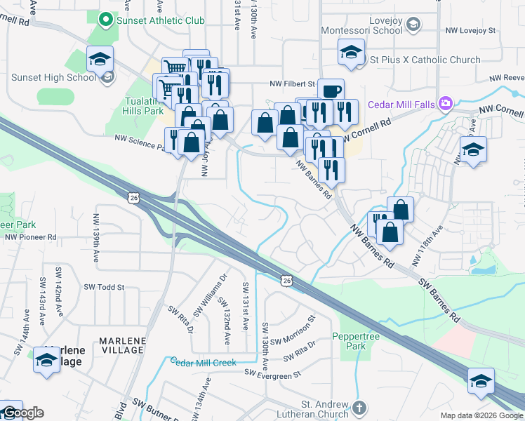 map of restaurants, bars, coffee shops, grocery stores, and more near 13025 Northwest Glenridge Drive in Portland