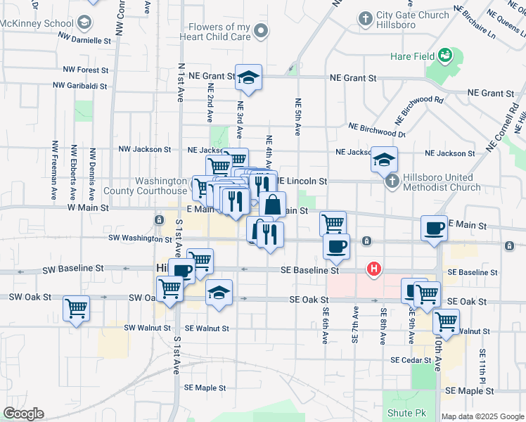 map of restaurants, bars, coffee shops, grocery stores, and more near in Hillsboro