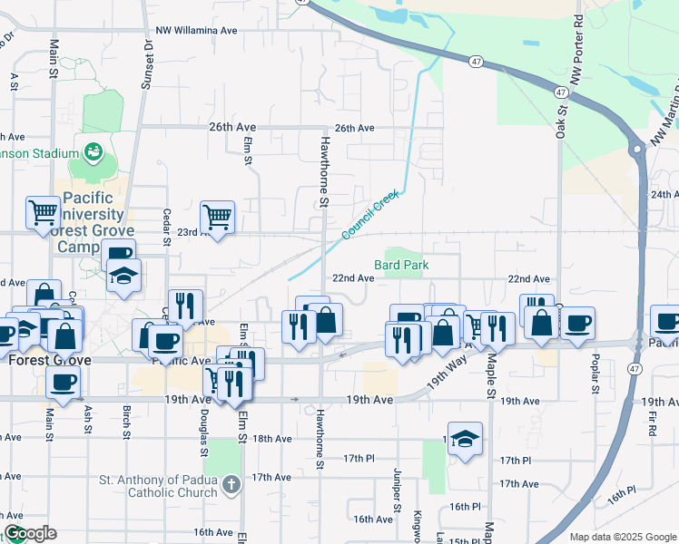 map of restaurants, bars, coffee shops, grocery stores, and more near 2705 Maywood Drive in Forest Grove