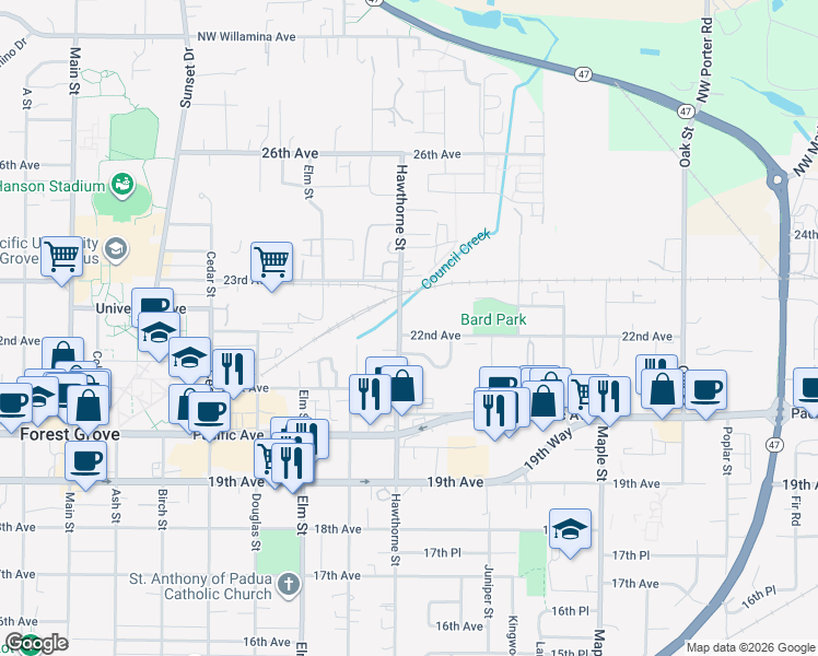 map of restaurants, bars, coffee shops, grocery stores, and more near 2705 Maywood Drive in Forest Grove