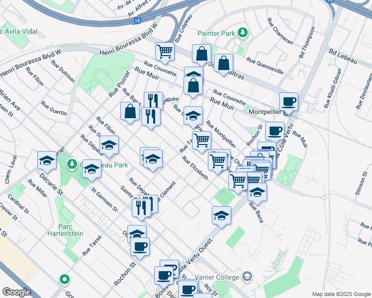 map of restaurants, bars, coffee shops, grocery stores, and more near 1400 Rue Barré in Montréal