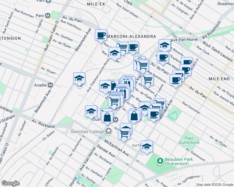 map of restaurants, bars, coffee shops, grocery stores, and more near 873 Avenue Champagneur in Montréal