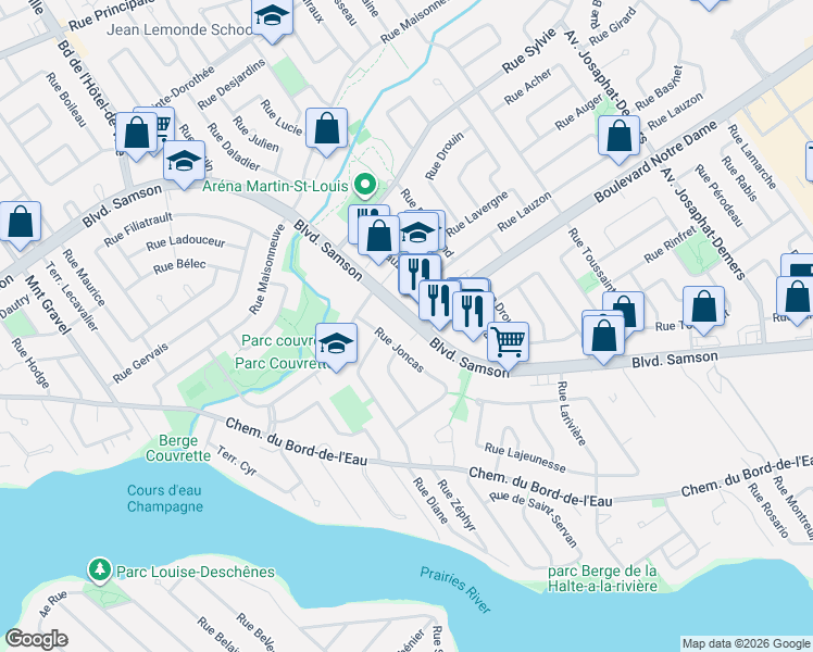 map of restaurants, bars, coffee shops, grocery stores, and more near 336 Boulevard Samson in Laval