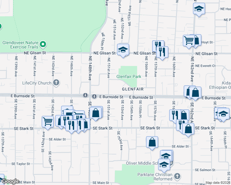 map of restaurants, bars, coffee shops, grocery stores, and more near 15141 East Burnside Street in Portland