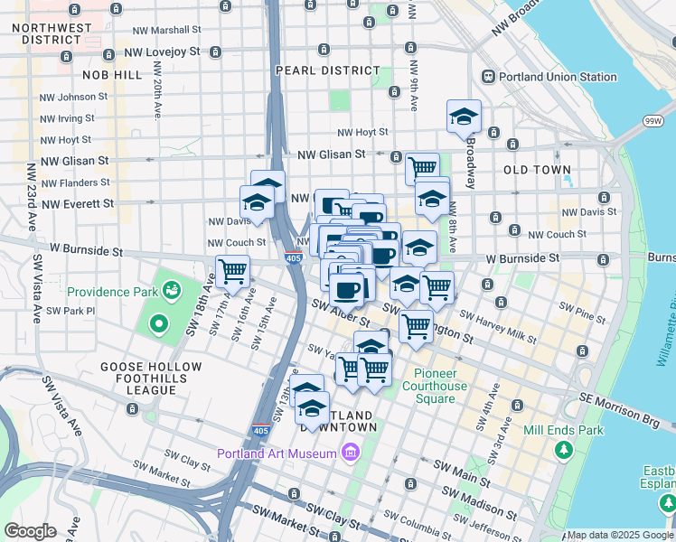 map of restaurants, bars, coffee shops, grocery stores, and more near 1205 Southwest Washington Street in Portland