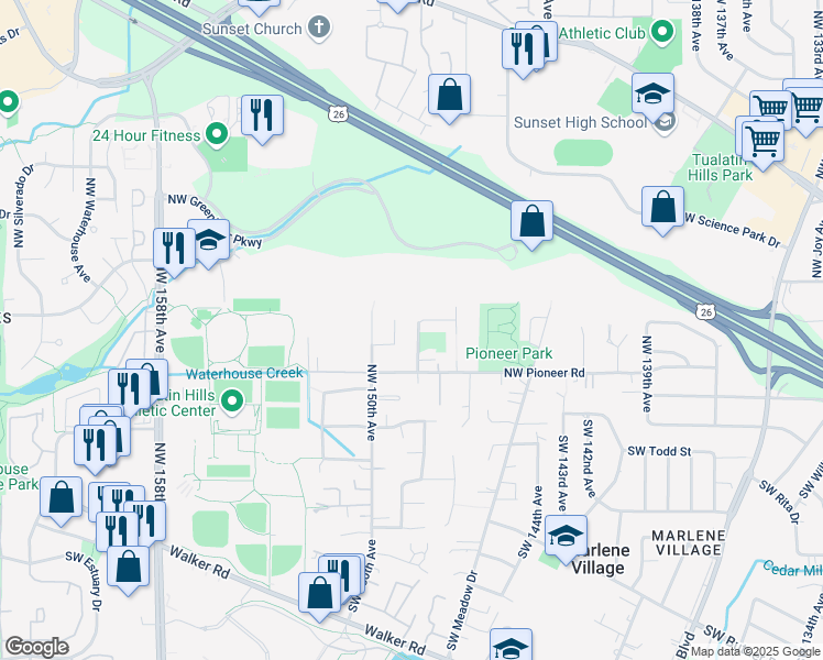 map of restaurants, bars, coffee shops, grocery stores, and more near 14980 Northwest Farmstead Court in Beaverton