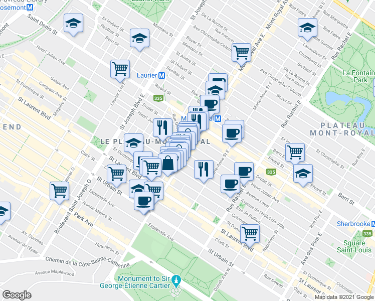map of restaurants, bars, coffee shops, grocery stores, and more near 263 Avenue du Mont-Royal Est in Montréal